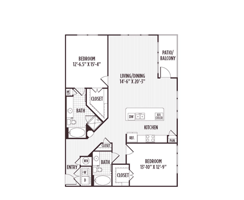 Floor plan for 2 beds, 2 baths, 1363 sqft